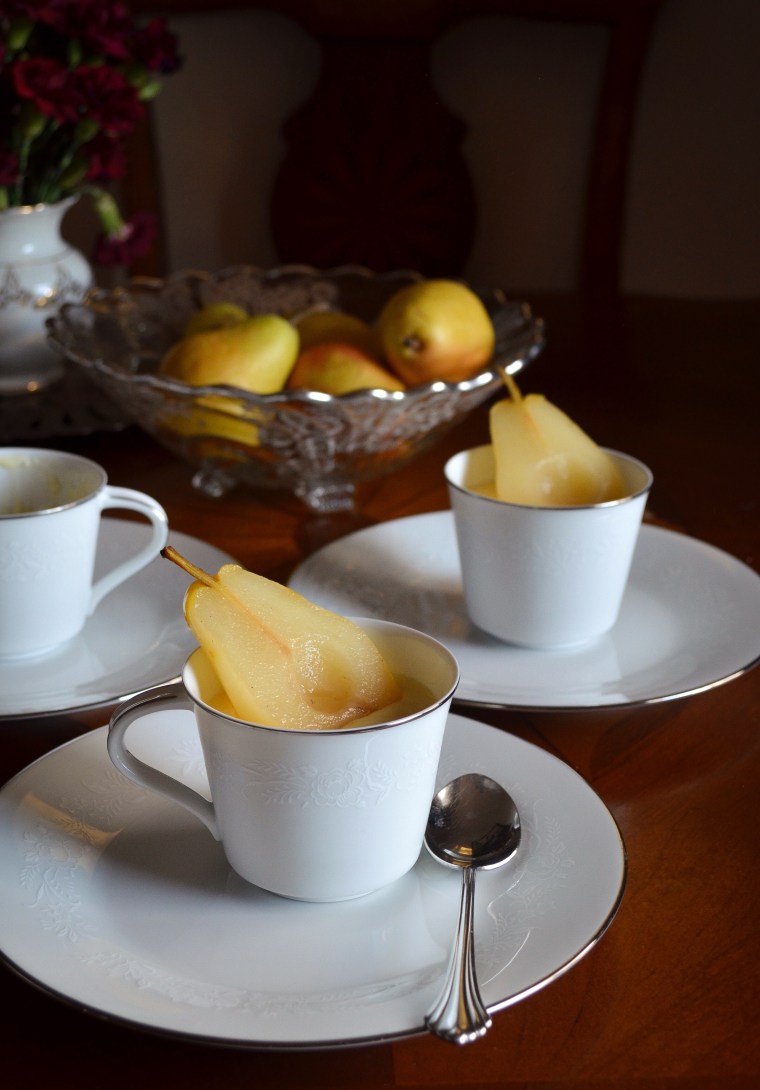 Poached pears with custard