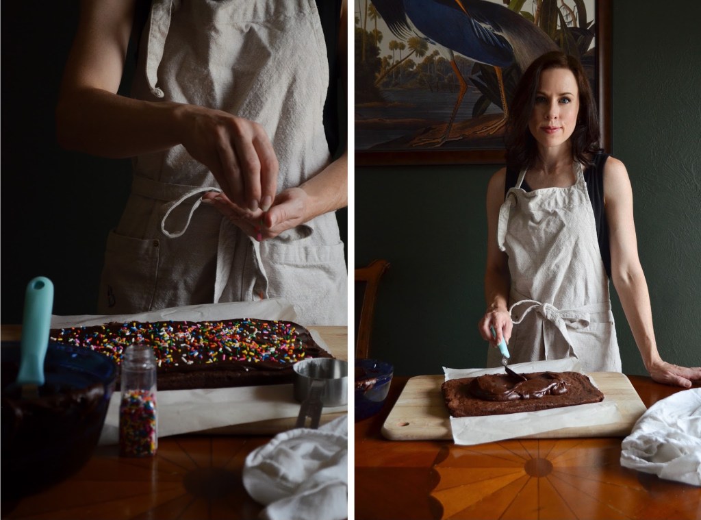 Birthday brownies with icing and sprinkles. Easy recipe from Cerise Chérie.