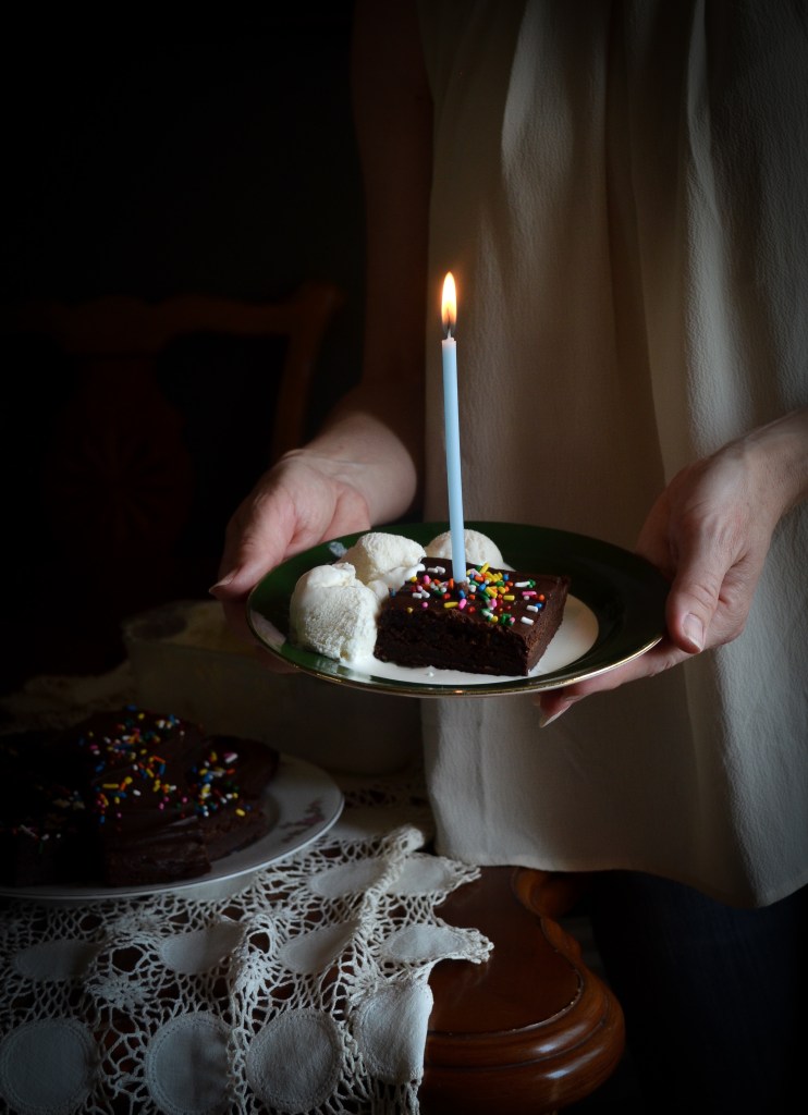 Birthday brownies with icing and sprinkles. Easy, high altitude recipe from Cerise Chérie.