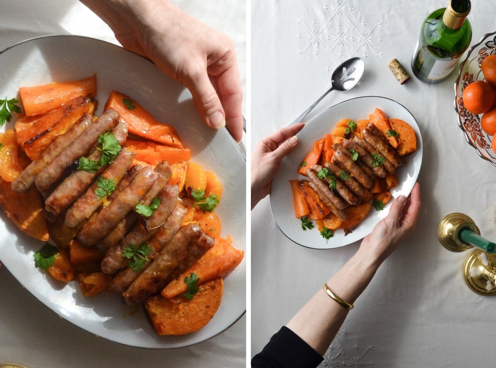 Sheet pan dinner sausage with sweet potatoes and mandarine oranges