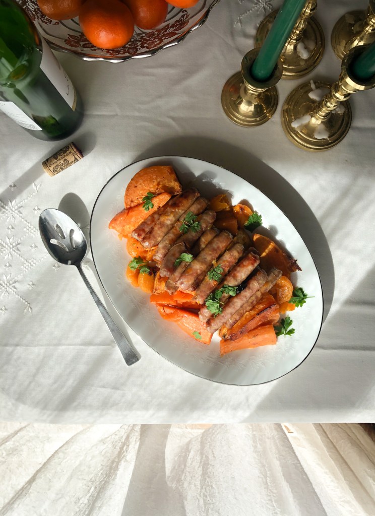 Sheet pan dinner sausage with sweet potatoes and mandarine oranges