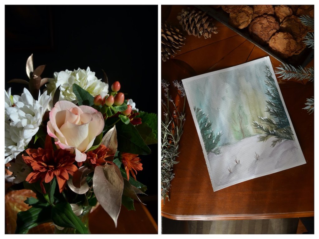 Autumn flowers and a watercolor painting by Rebecca Sherrow