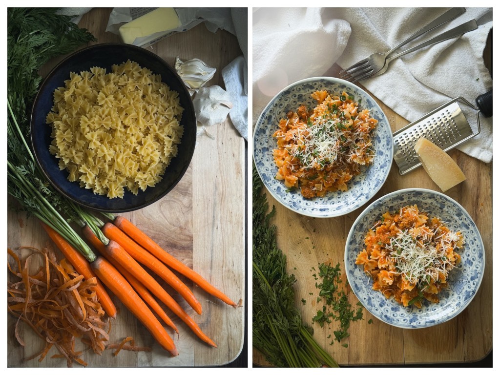 Blue bowl containing farfalle pasta and carrots on a wooden board.  