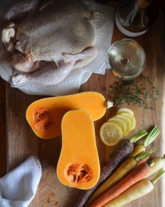 Roasted chicken with butternut squash and carrots